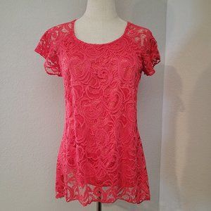 Brittany Black Flutter Sleeve/Lace Blouse, Coral - SM - Excellent Condition